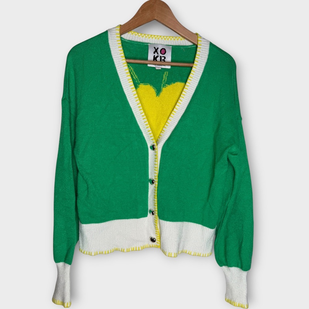 Kerri Rosenthal XO Drippy Sunshine Heart Buttons Green Yellow Cardigan Sz Small